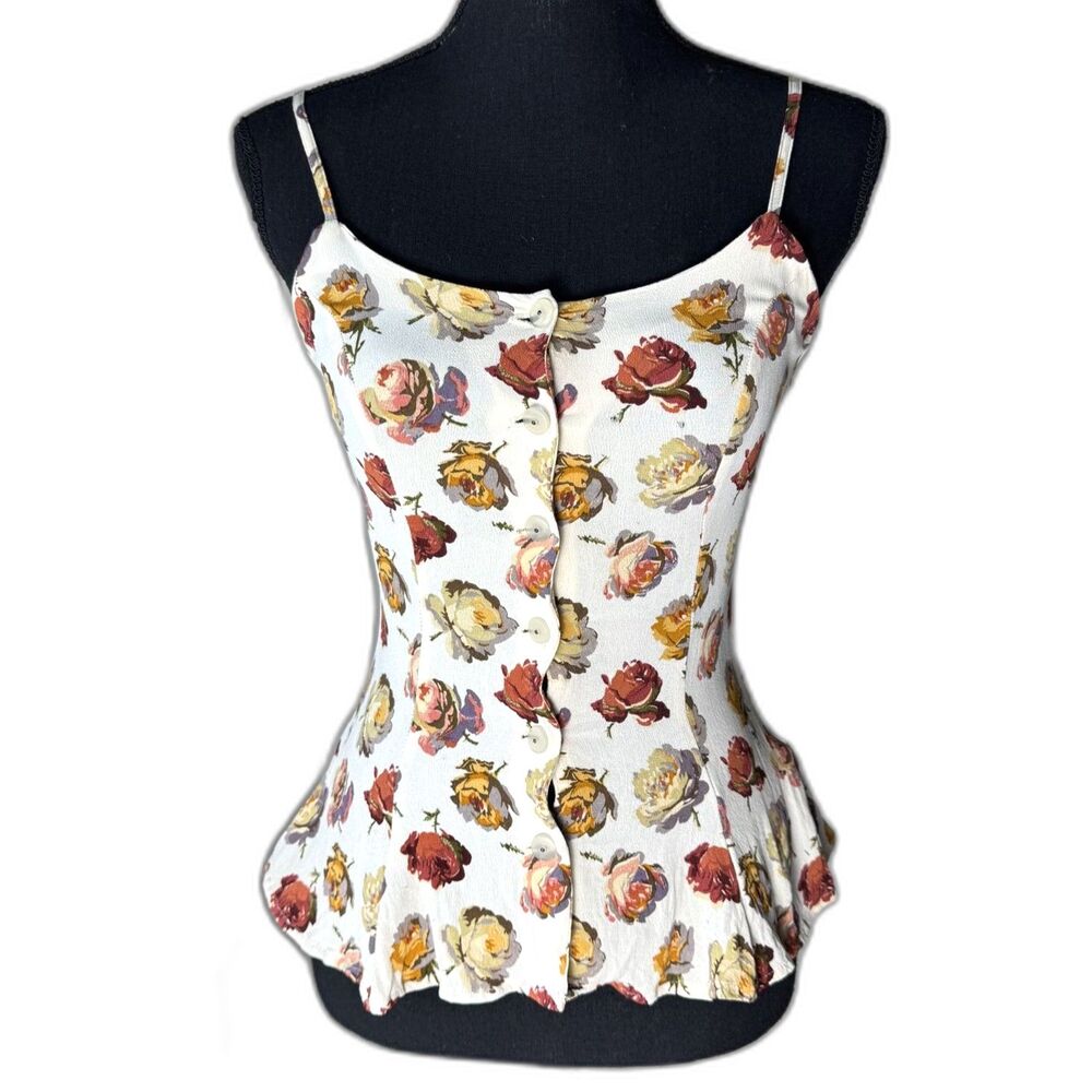 Size XS Y2K Vintage Betsey Johnson peplum top rose floral print rayon tank 10525